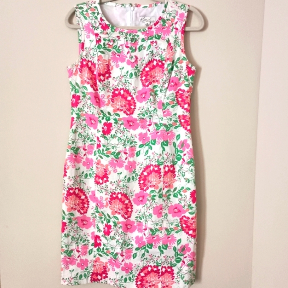 Kim‎ Rogers Floral Shift Dress Pink Green Covered Buttons Cotton Blend Size 10